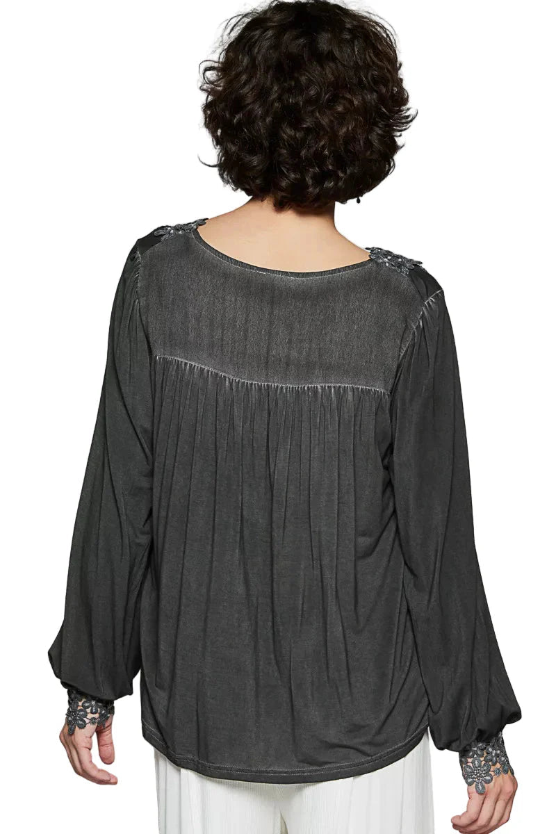 POL Floral Embroidery Woven Top with Lace Trim West2East Surf