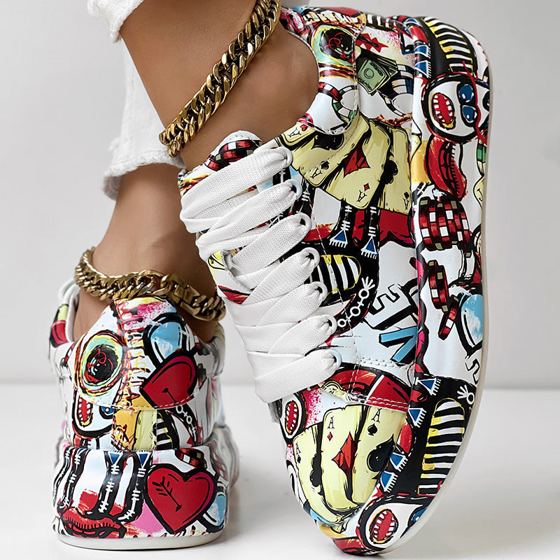 Women's Casual Round Toe Thick Sole Lace-Up Sneakers, Random Print Design, Comfortable Sporty Shoes For Daily Wear See size chart under “more details” The Fashion Celestial