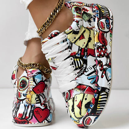 Women's Casual Round Toe Thick Sole Lace-Up Sneakers, Random Print Design, Comfortable Sporty Shoes For Daily Wear See size chart under “more details” The Fashion Celestial