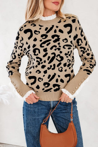 Leopard Lace Ribbed Trim Buttoned Cuff Sweater Shop Style & More | Fresh Looks, Everyday Deals & Free Shipping