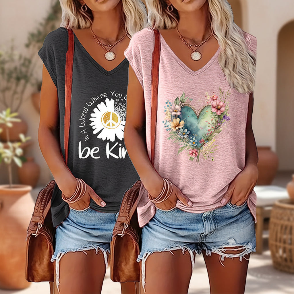 2-Pack Wildflowers Graphic Print V-Neck Tee Tops FitiqueFit