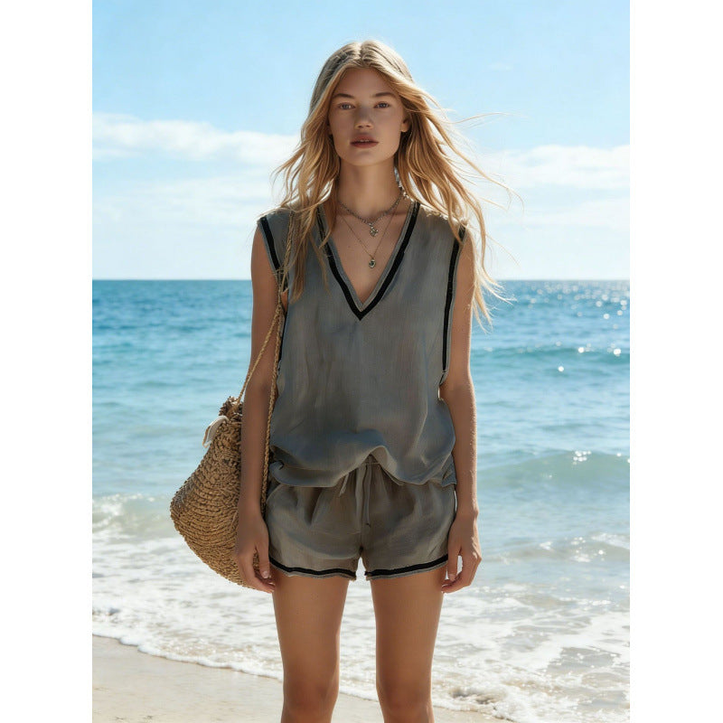 Women's V-Neck Vest & Shorts Two-Piece Set FitiqueFit