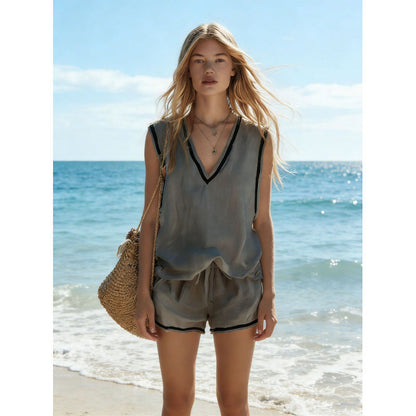 Women's V-Neck Vest & Shorts Two-Piece Set FitiqueFit