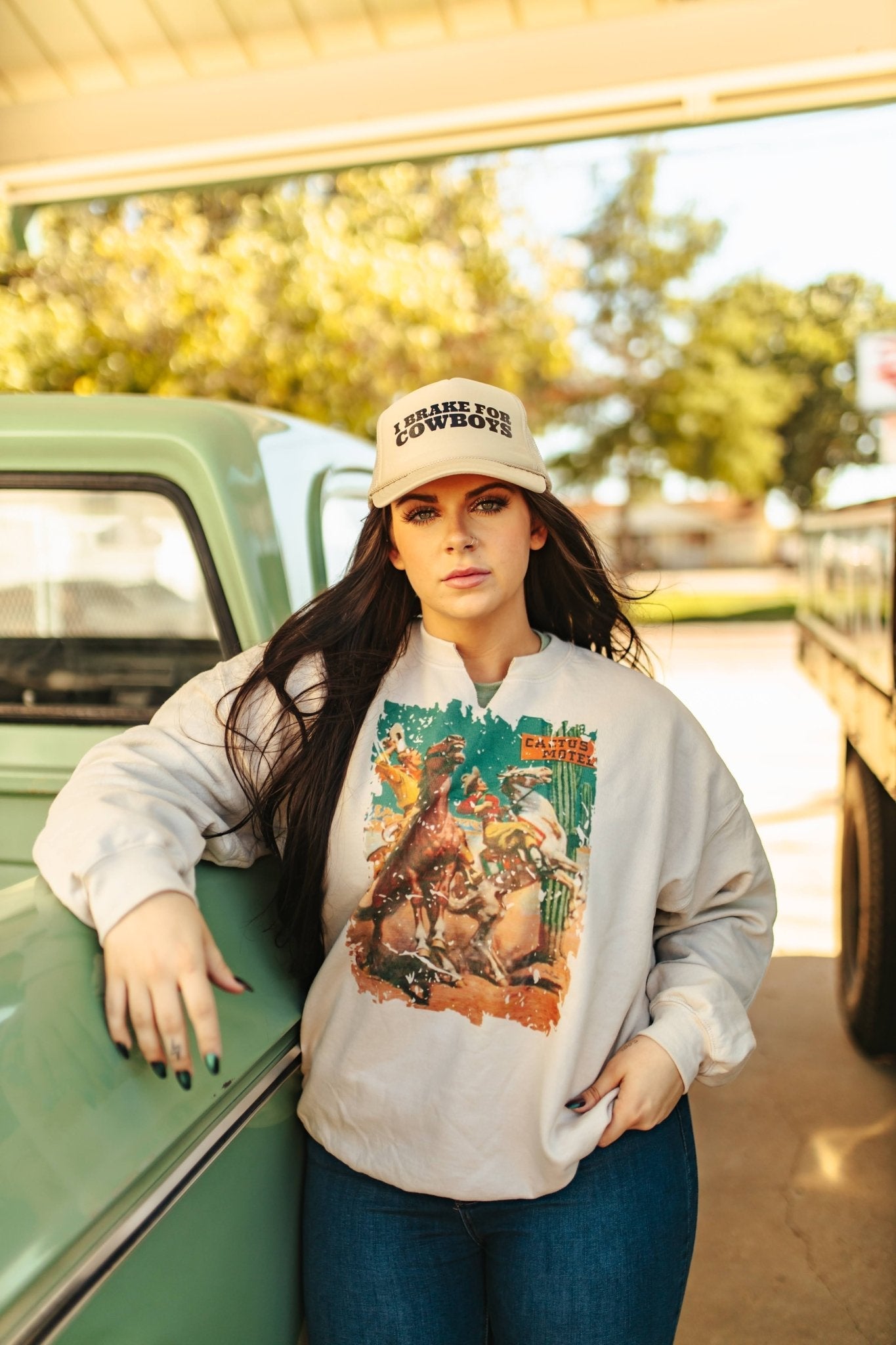 Cactus Motel Raw Cut V-neck Western Graphic Sweatshirt Wild Junkie
