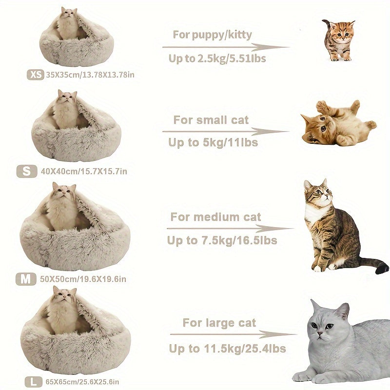 2 in 1 Round Warm Pet Bed House Polyester Cat Bed, Long Plush, Winter, with Sleeping Bag Sofa Cushion for Cat NovaCart