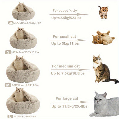 2 in 1 Round Warm Pet Bed House Polyester Cat Bed, Long Plush, Winter, with Sleeping Bag Sofa Cushion for Cat NovaCart