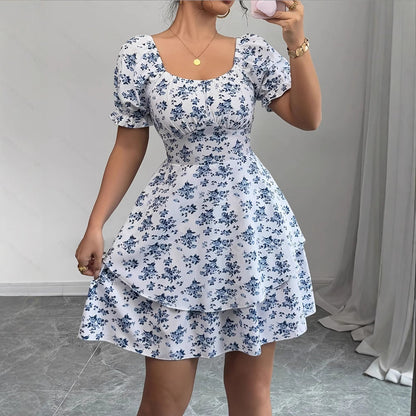 Ditsy Floral High Waist Flared Midi Dress – Short Sleeve Backless Summer Dress FitiqueFit
