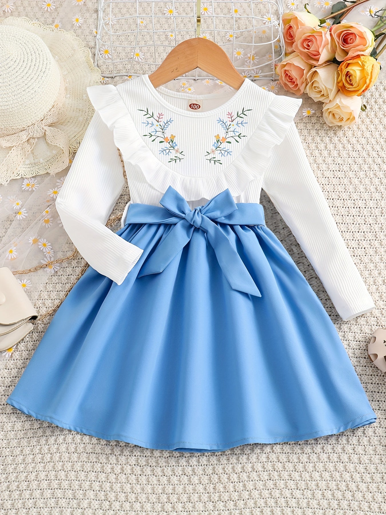 Girls' Elegant Floral Print Long Sleeve Dress with Ruffled Hem & Waist Tie - Knee-Length A-Line Skirt, Round Neck, Non-Stretch Fabric, All-Season Casual to Formal Outfits NovaCart