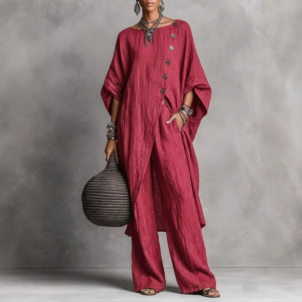Women's Drop Shoulder Three-Quarter Sleeve Irregular Shirt & Pants Set FitiqueFit