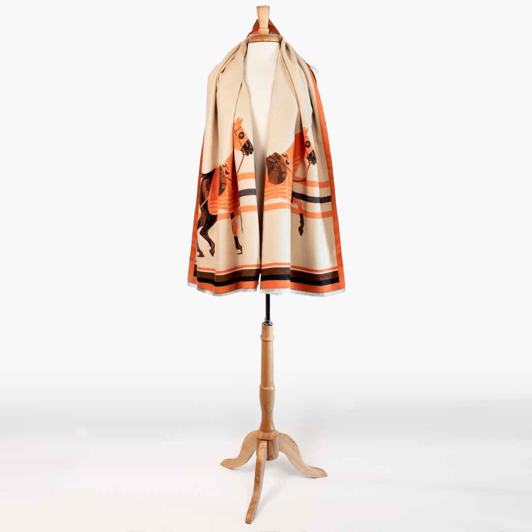 Cali -  Tangerine Equestrian Motif Luxe Shawl Urban-Equestrian