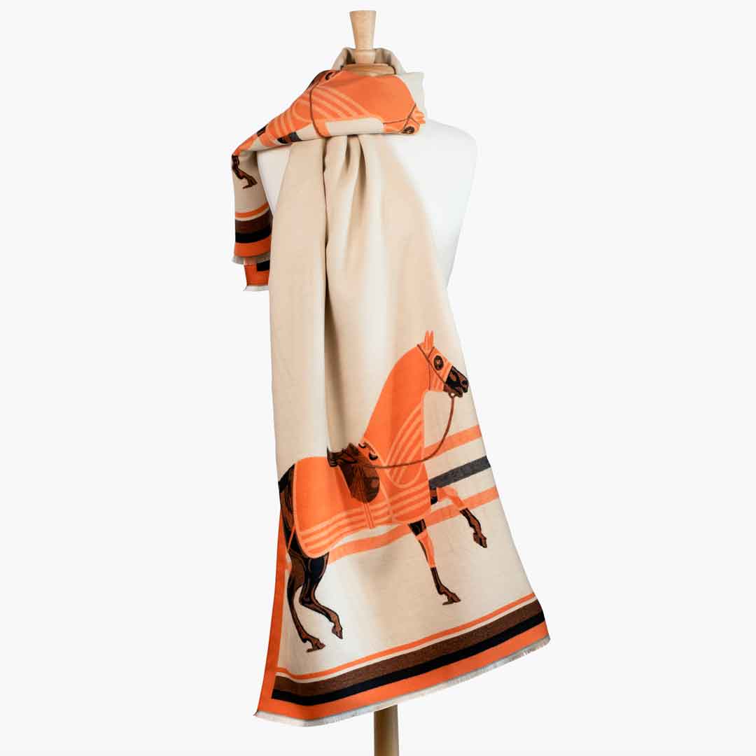 Cali -  Tangerine Equestrian Motif Luxe Shawl Urban-Equestrian