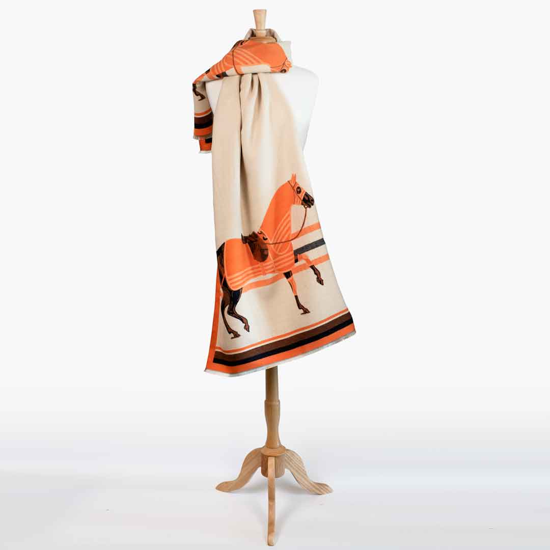 Cali -  Tangerine Equestrian Motif Luxe Shawl Urban-Equestrian