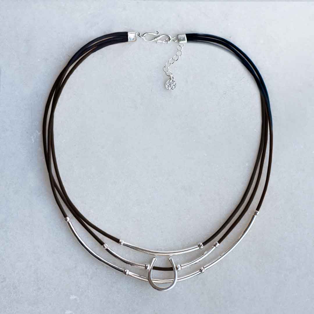 Calista - Equestrian Horseshoe Necklace on Black Leather Urban-Equestrian