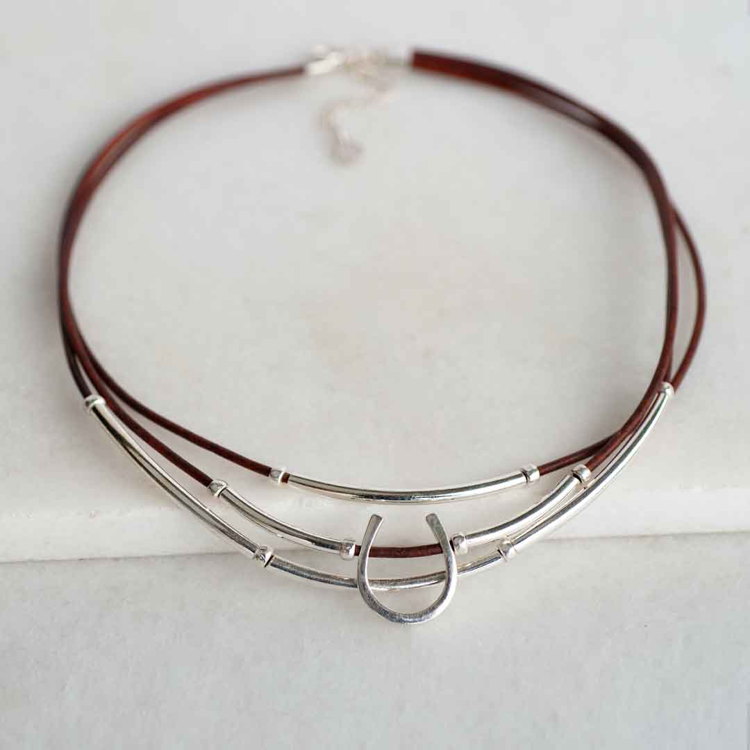 Calista - Equestrian Horseshoe Necklace on Brown Leather Urban-Equestrian