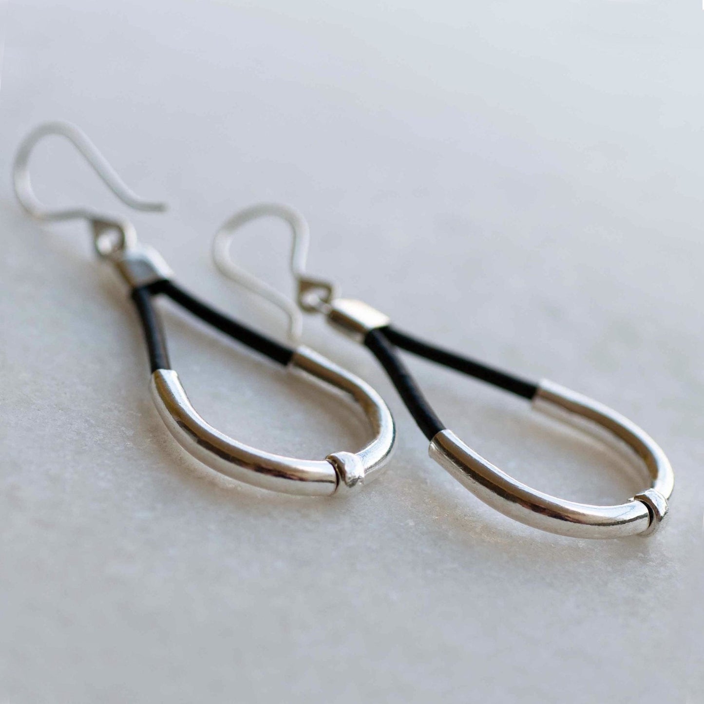 Calista - Sterling Silver Bosal Horseshoe Earring on Black Leather Urban-Equestrian