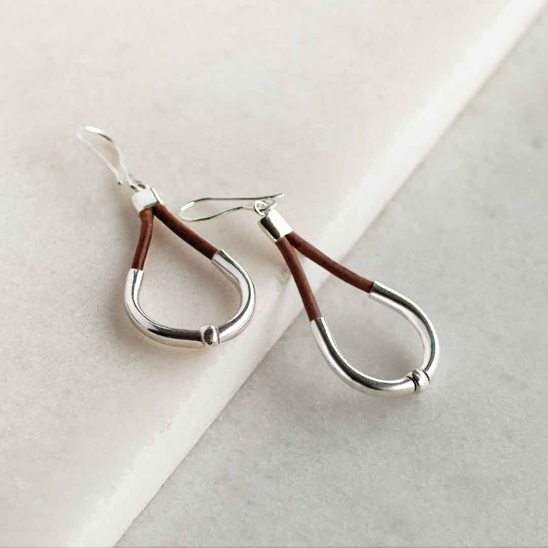 Calista - Sterling Silver Bosal Horseshoe Earring on Brown Leather Urban-Equestrian