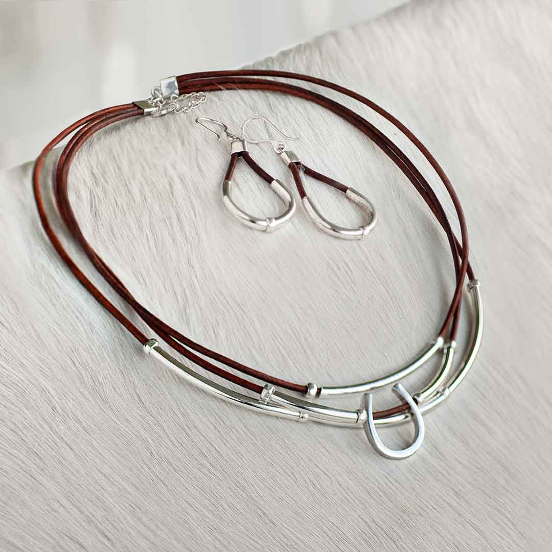 Calista - Sterling Silver Bosal Horseshoe Earring on Brown Leather Urban-Equestrian