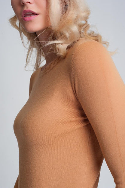 Camel plain crew neck knit jumper Q2store