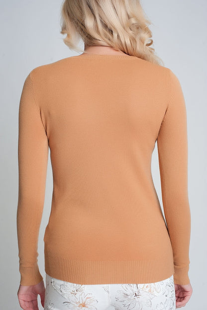 Camel plain crew neck knit jumper Q2store