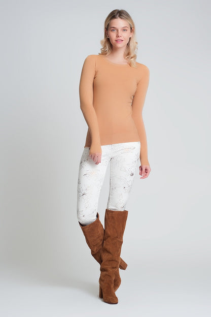 Camel plain crew neck knit jumper Q2store