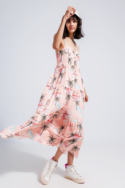 Cami maxi beach dress in natural tropical print Q2store