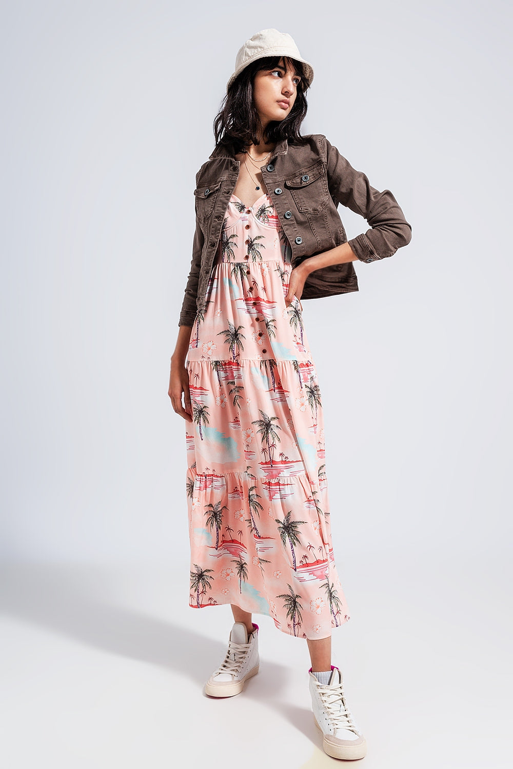 Cami maxi beach dress in natural tropical print Q2store