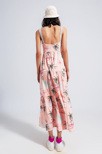Cami maxi beach dress in natural tropical print Q2store