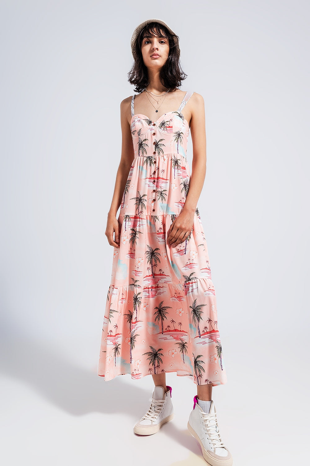 Cami maxi beach dress in natural tropical print Q2store
