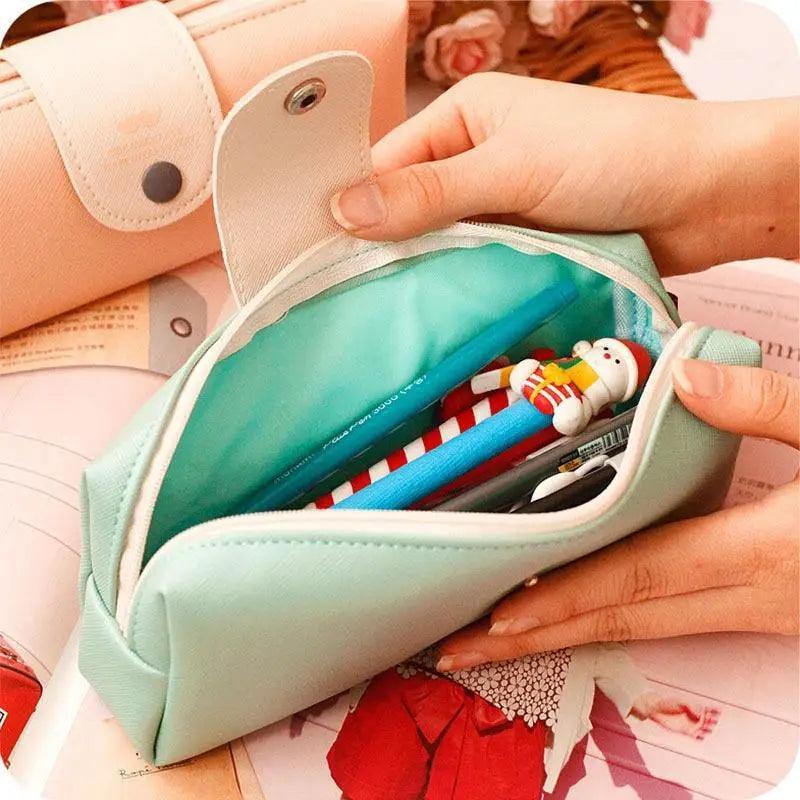 Candy Color Unique Design  PU Leather Metal Button Pencil Cases For Girls Cute Stationary Boy Pencil Pouch For Students Stevvex