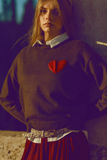 carbon grey sweater with red heart detail Q2store