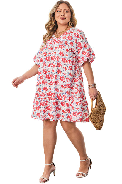 Red Floral Ruffled Half Sleeve V Neck Plus Size Dress Garden Naked Curves