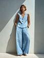Linen Blend V-Neck Buttoned Vest & High-Waist Wide-Leg Pants Set – 5 Colors S–3XL FitiqueFit
