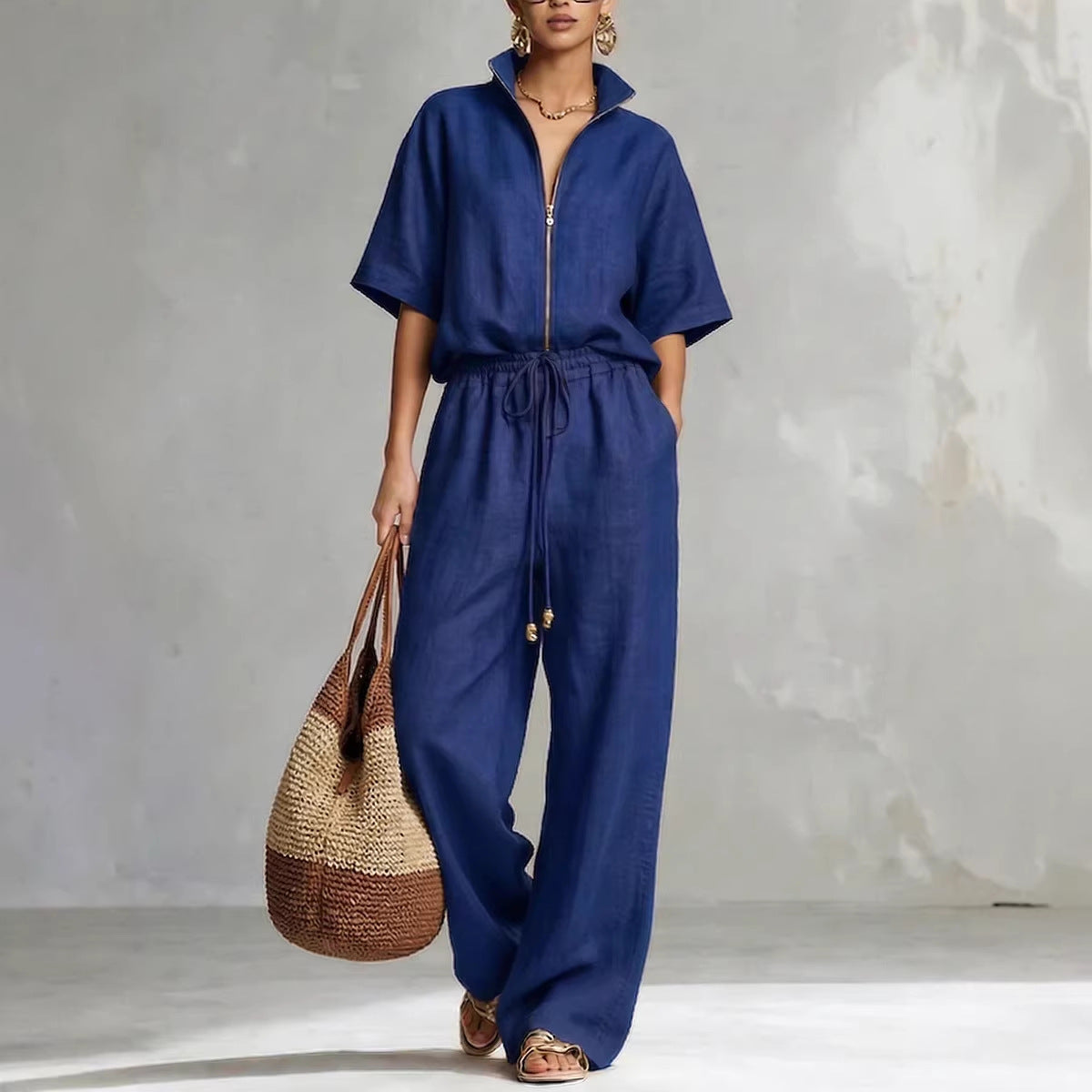Women's Zip-Up Crew-Neck Top & Wide-Leg Pants Set FitiqueFit