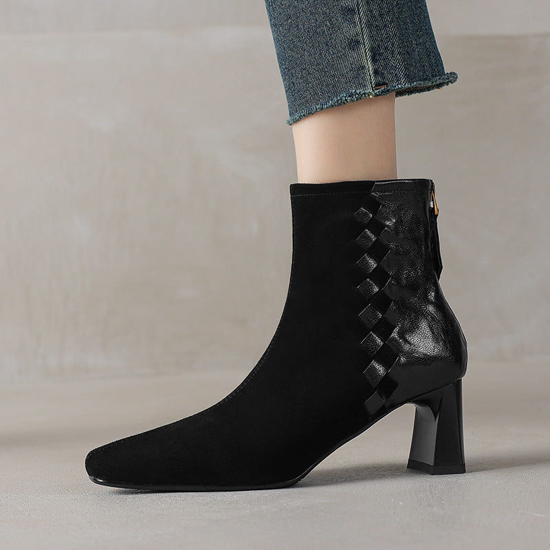 Women's Sheepskin Square Toe Chunky Heel Ankle Boots – Korean Patchwork Style FitiqueFit