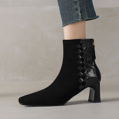 Women's Sheepskin Square Toe Chunky Heel Ankle Boots – Korean Patchwork Style FitiqueFit