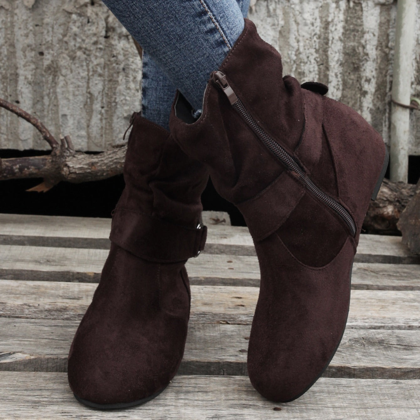 1.18inch Inner Height Increase Women's Short Boots with Flat Sole, Buckle Closure, Comfortable, Warm, and Lightweight, Women Shoes NovaCart
