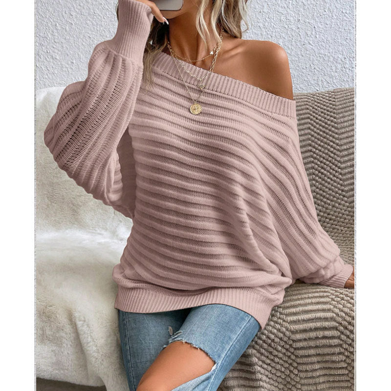 Off-Shoulder Batwing Sweater – Loose Knit Pull-Over for Fall FitiqueFit