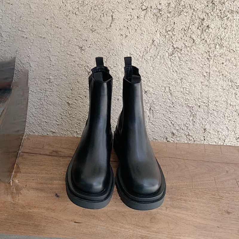 Women’s British-Style Mid-Calf Thick-Soled Leather Boots FitiqueFit