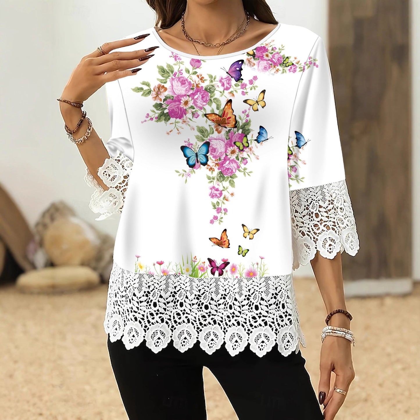 Printed Patchwork Three-Quarter Sleeve Top – Women's Loose Fit Pullover FitiqueFit