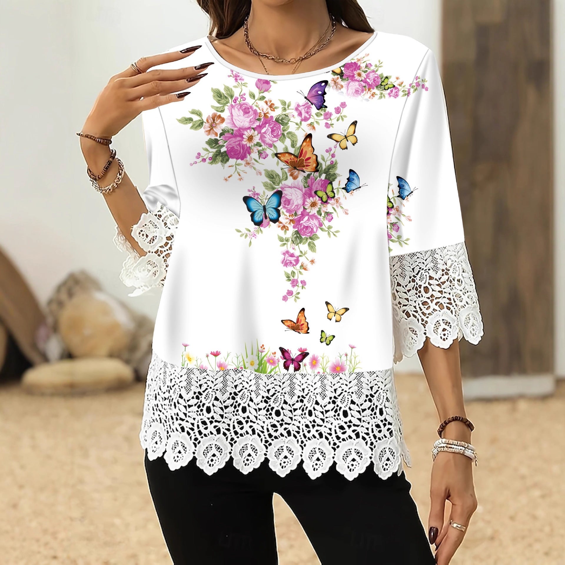 Printed Patchwork Three-Quarter Sleeve Top – Women's Loose Fit Pullover FitiqueFit