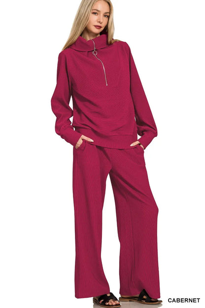 Zenana Ribbed High Neck Half Zip Pullover & Pants Set West2East Surf
