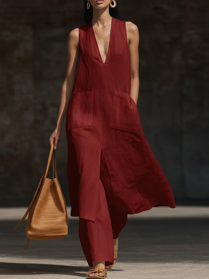Women's V-Neck Sleeveless Linen Dress Set – Casual Chic FitiqueFit