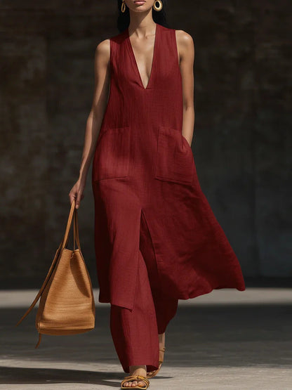 Women's V-Neck Sleeveless Linen Dress Set – Casual Chic FitiqueFit