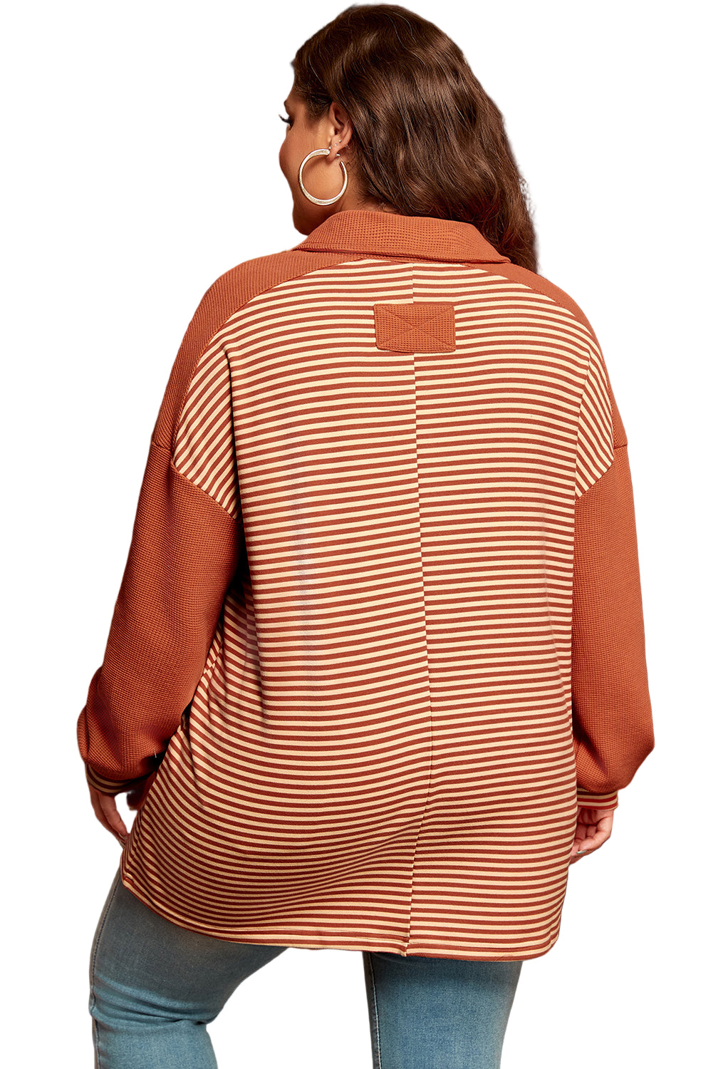 Red Stripe Textured Patched Drop Shoulder Buttoned Plus Size Sweatshirt Garden Naked Curves