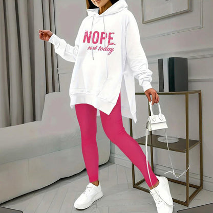 Casual 2-Piece Set Solid Color Leggings & Letter Print Hooded Sweatshirt FitiqueFit