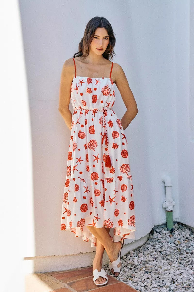 SO ME Shell Print Tiered Lined Midi Cami Dress With Belt New Era Fashion LLc