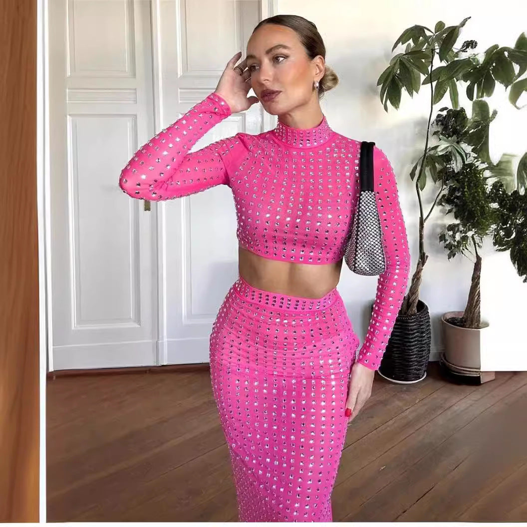 Hot Girl Women's Fashion Rivet Elastic Tight Skirt Suit See size chart under “more details” The Fashion Celestial