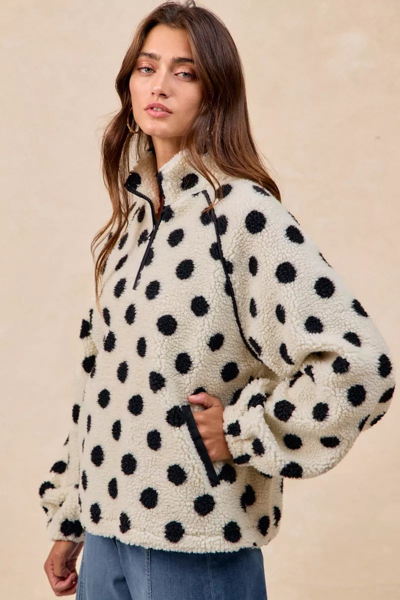 BiBi Polka Dot Sherpa Half Zip Up Top with Side Pocket FitiqueFit
