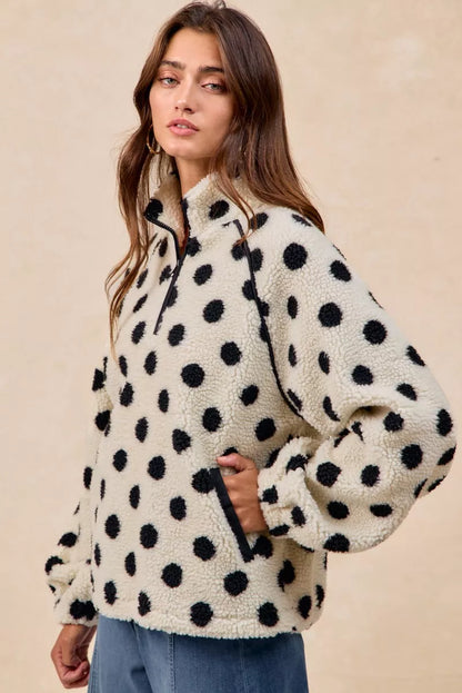 BiBi Polka Dot Sherpa Half Zip Up Top with Side Pocket FitiqueFit