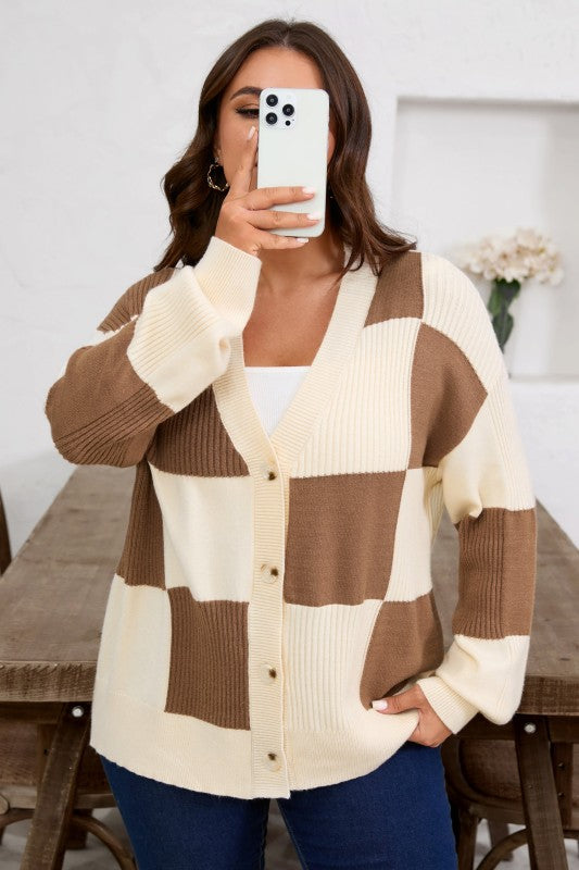 Plus Size Checker Ribbed Knit Buttoned V-Neck Card Shop Style & More | Fresh Looks, Everyday Deals & Free Shipping